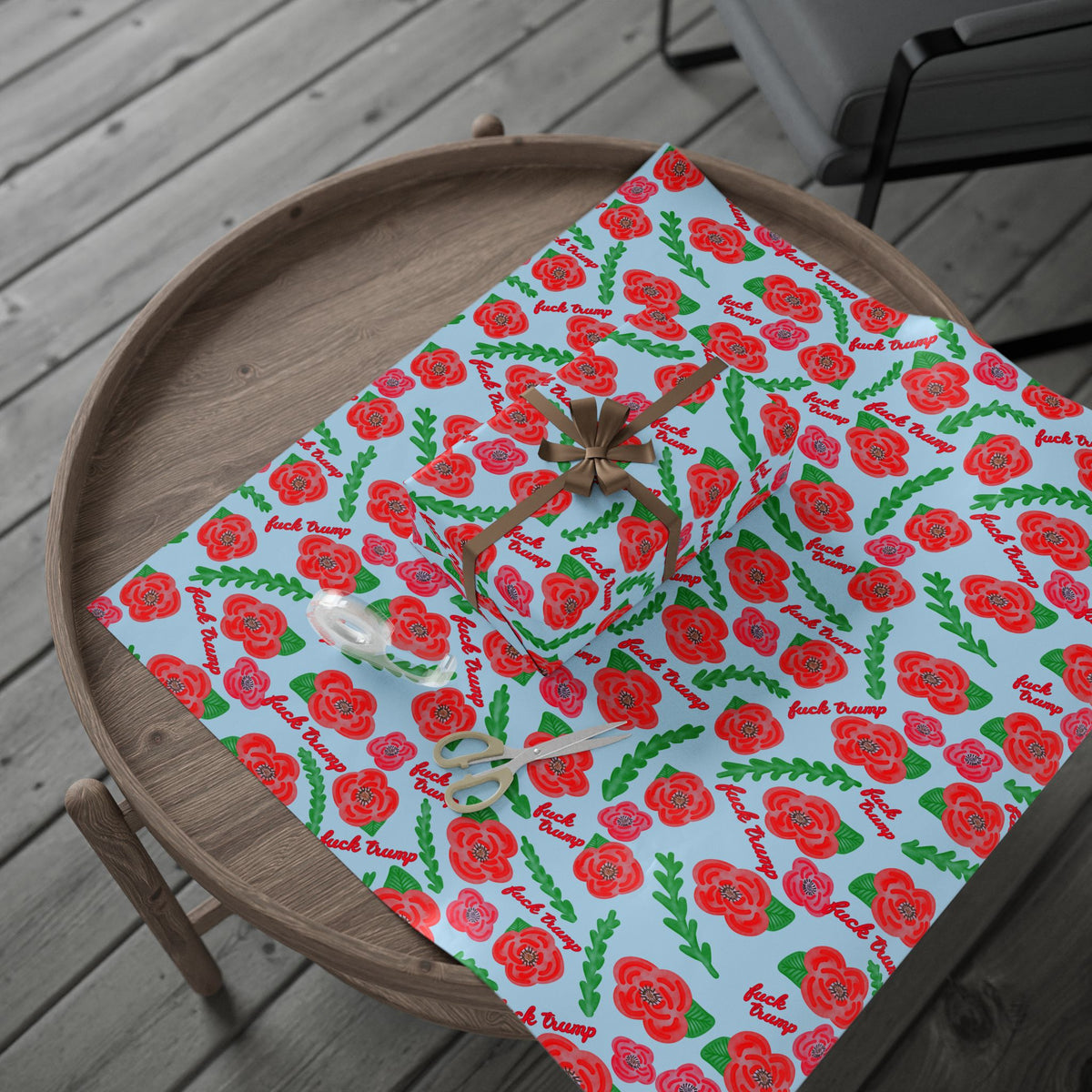 Slightly Subtle Red Poppies on Blue Gift Wrap, Funny Holiday Gift Wrap, Poppy Flower Wrapping, Political Wrapping Paper for Him