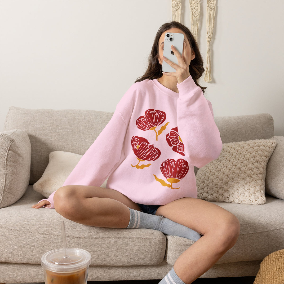 Slightly Subtle Red Poppy Floral Illustration Sweatshirt | Hand-Drawn Blooms, Minimal Botanical FDT