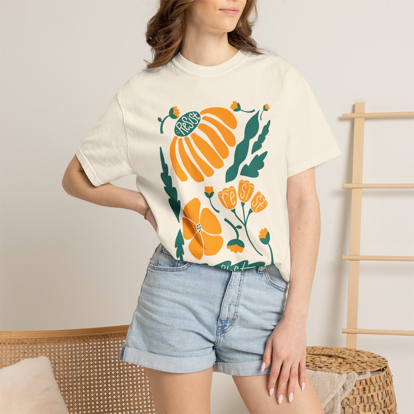 Floral Resist Tee — Retro Orange & Green Autumn Graphic T-Shirt