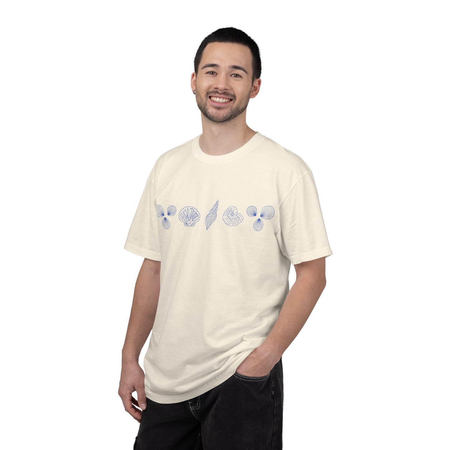 Slightly Subtle Blue Seashell Line Art T-Shirt | Minimal Coastal Doodle Prints FDT