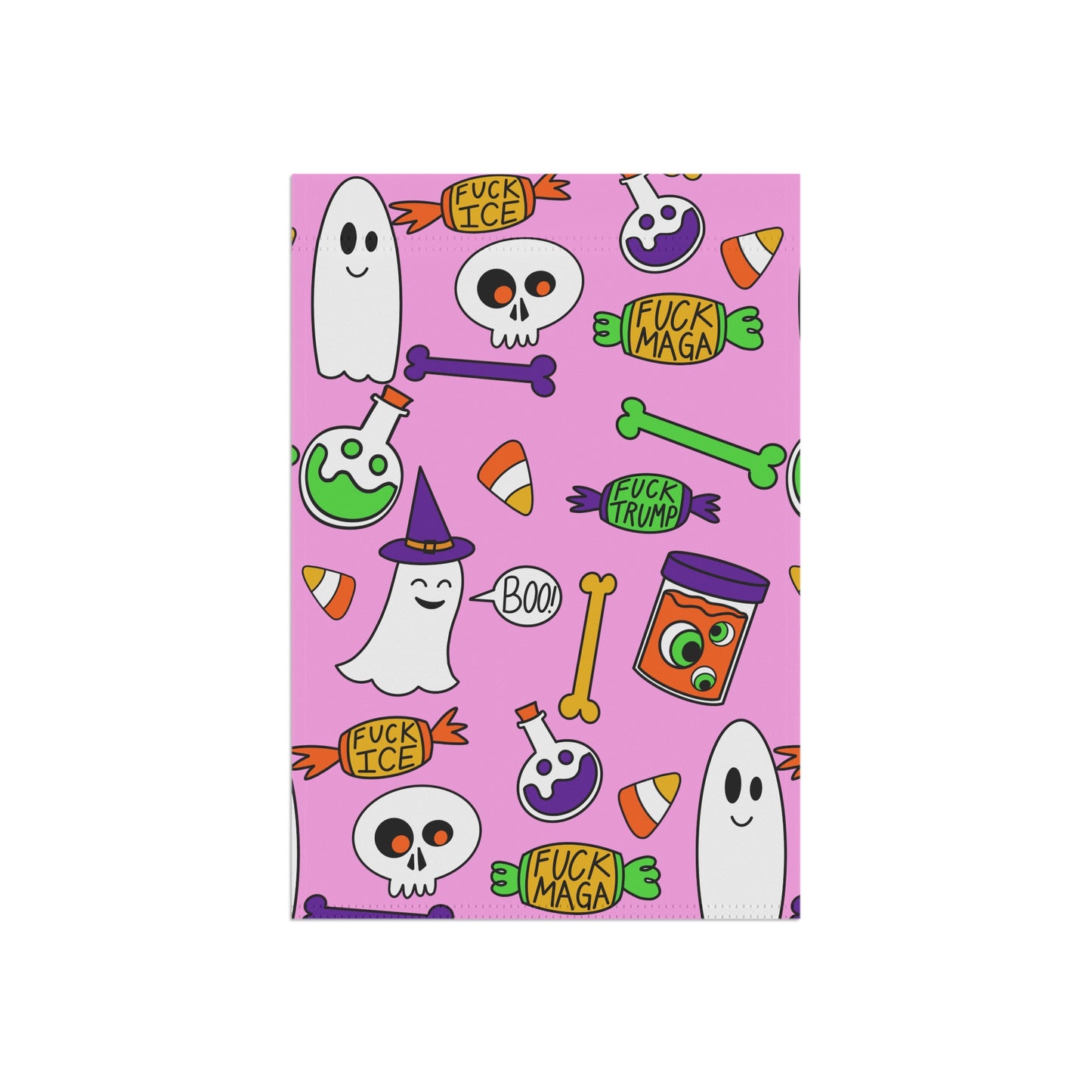 Halloween Political Garden Flag – Ghosts, Skulls & 'F**k Trump' Candy Pattern pink