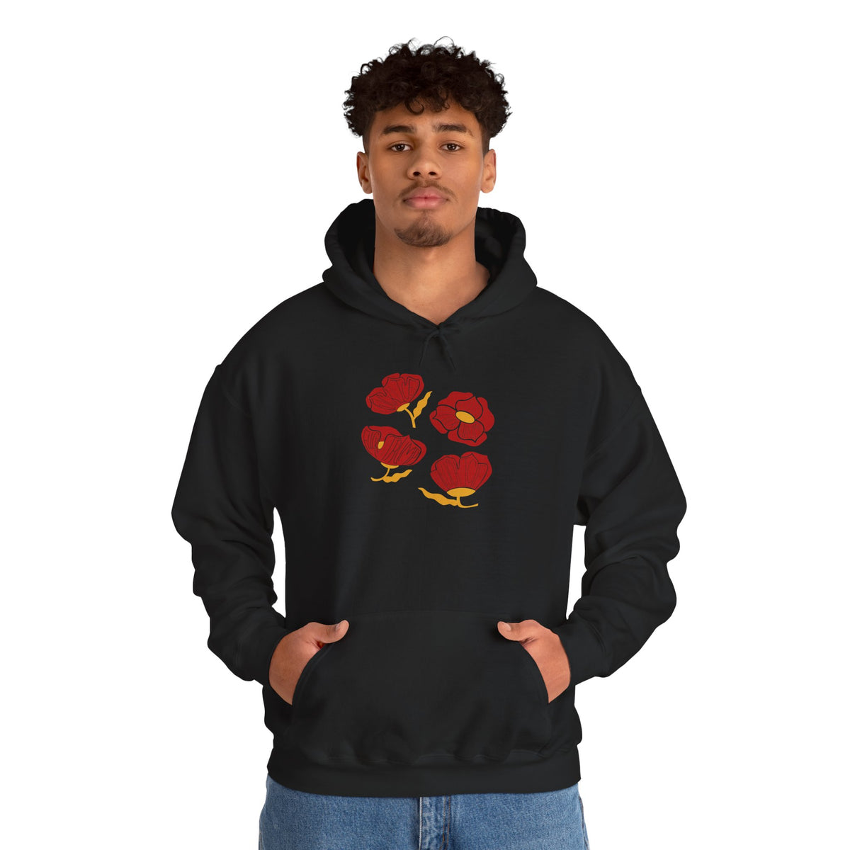 Slightly Subtle Red Poppy Flowers Hoodie | Floral Illustration, Minimal Line Art FDT