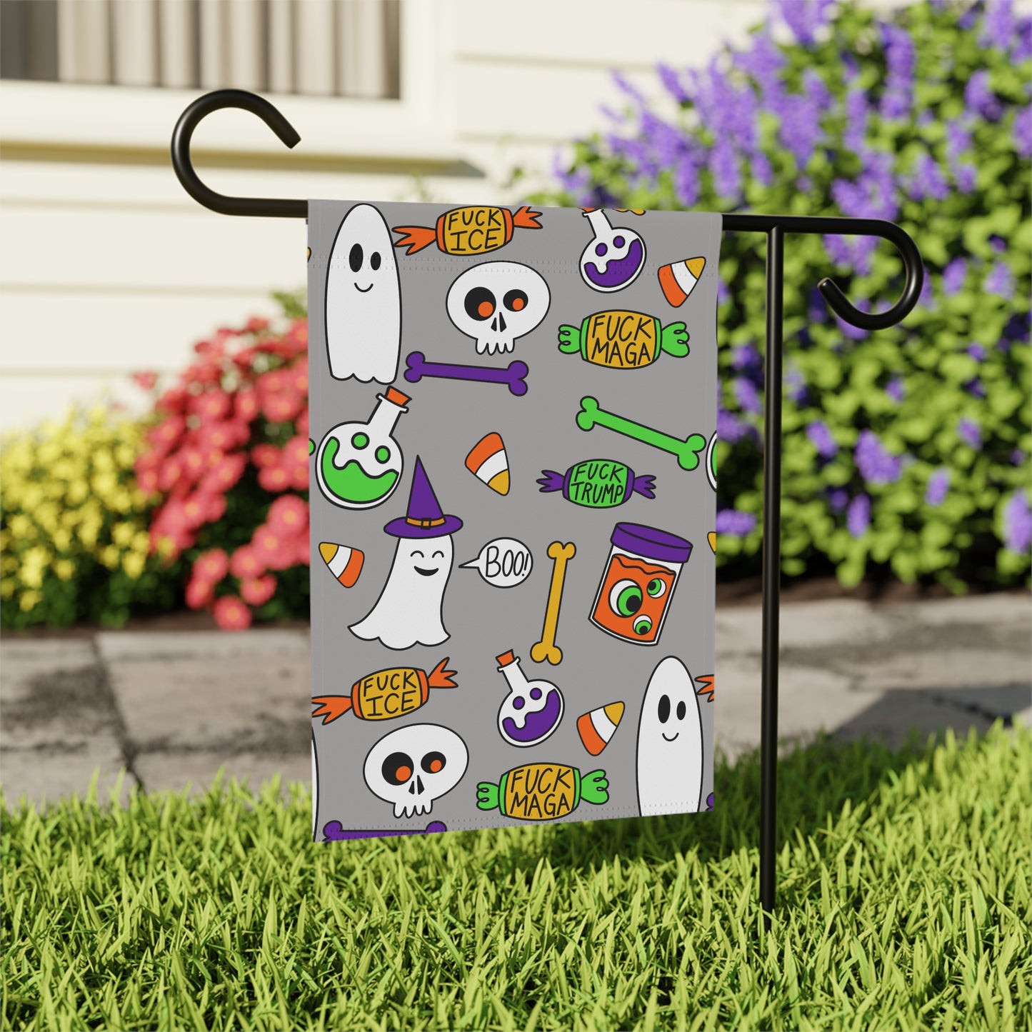 Halloween Political Garden Flag – Ghosts, Skulls & 'F**k Trump' Candy Pattern
