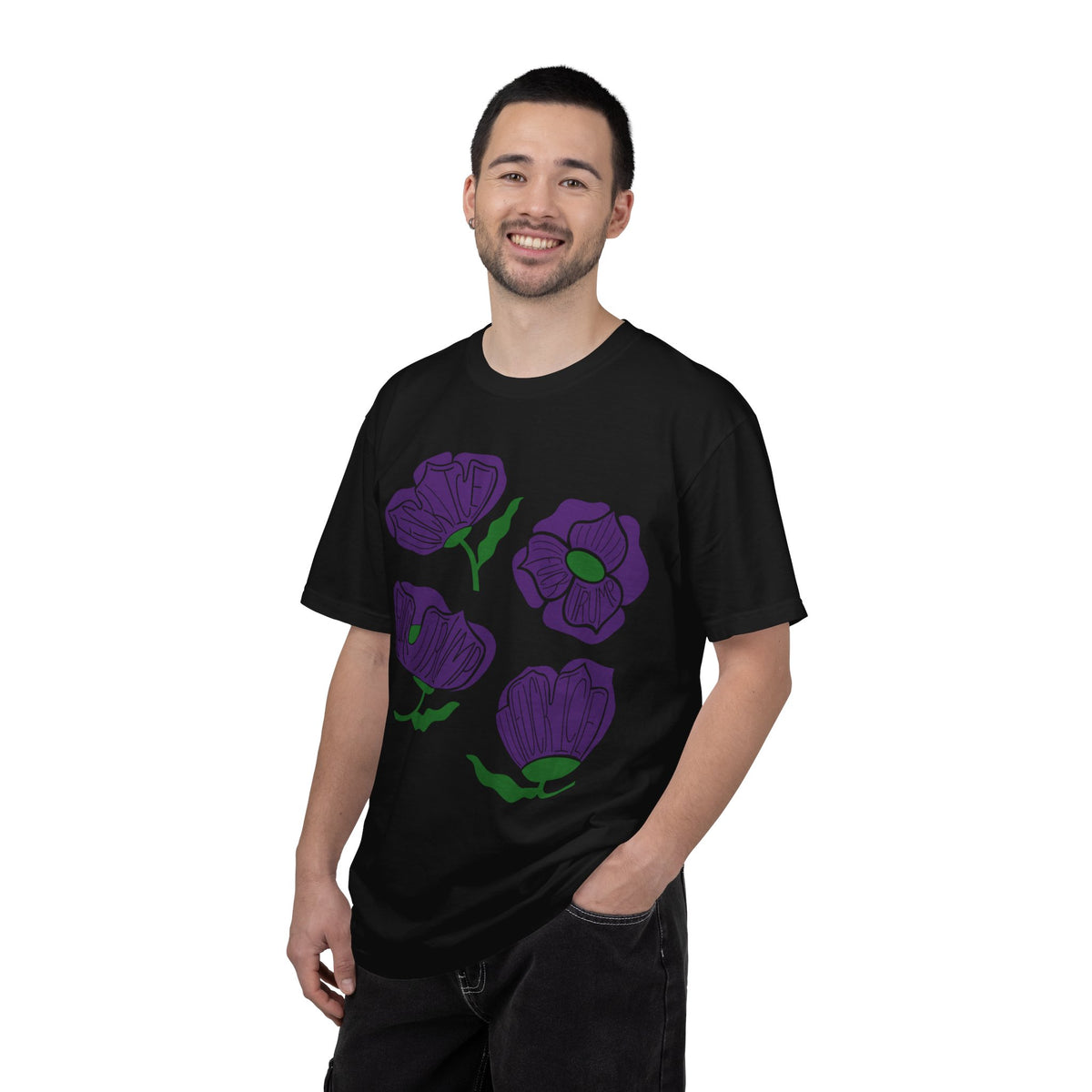 Slightly Subtle Purple Poppy Floral Print T-shirt | Hand-Drawn Flower Illustration FDT
