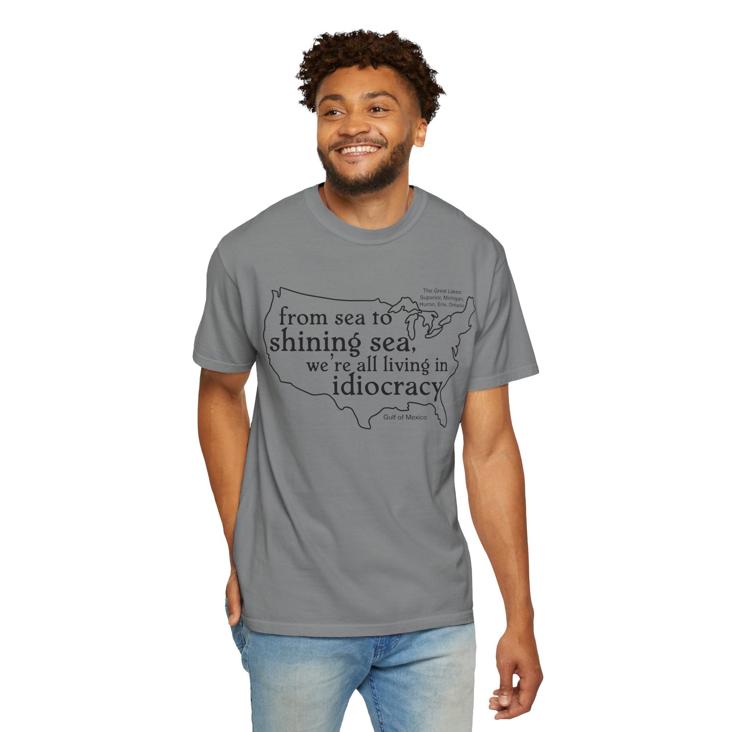 Idiocracy Map T-Shirt  'From sea to shining sea we are living in idiocracy' Minimal Political Tee Great Lakes Gulf of Mexico