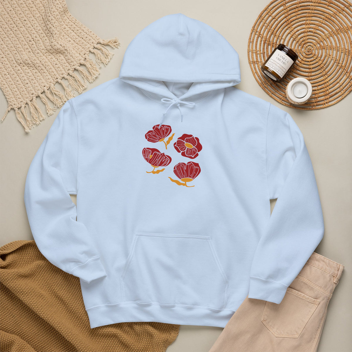 Slightly Subtle Red Poppy Flowers Hoodie | Floral Illustration, Minimal Line Art FDT