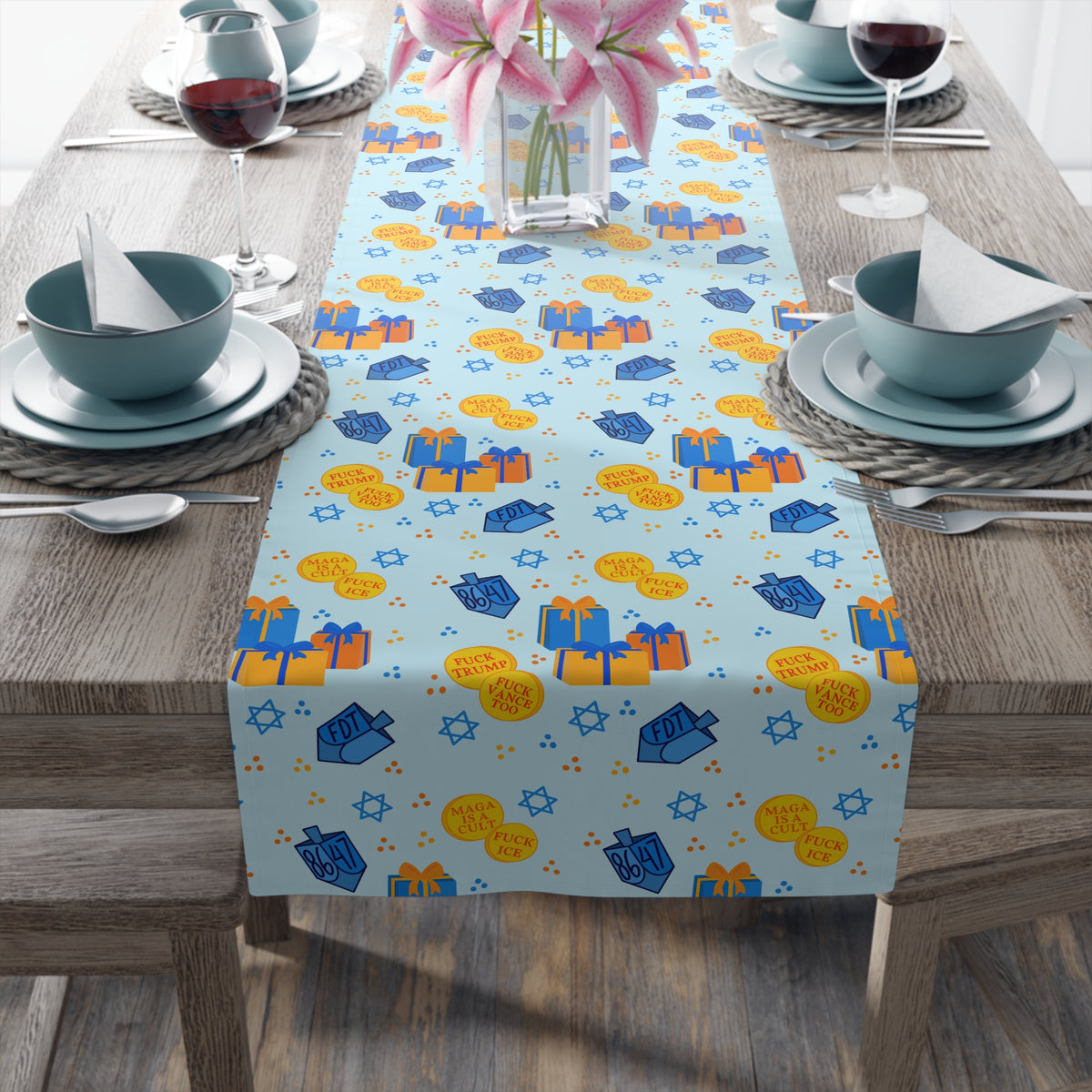 Hanukkah Dreidel Gelt Gift Table Runner FDT