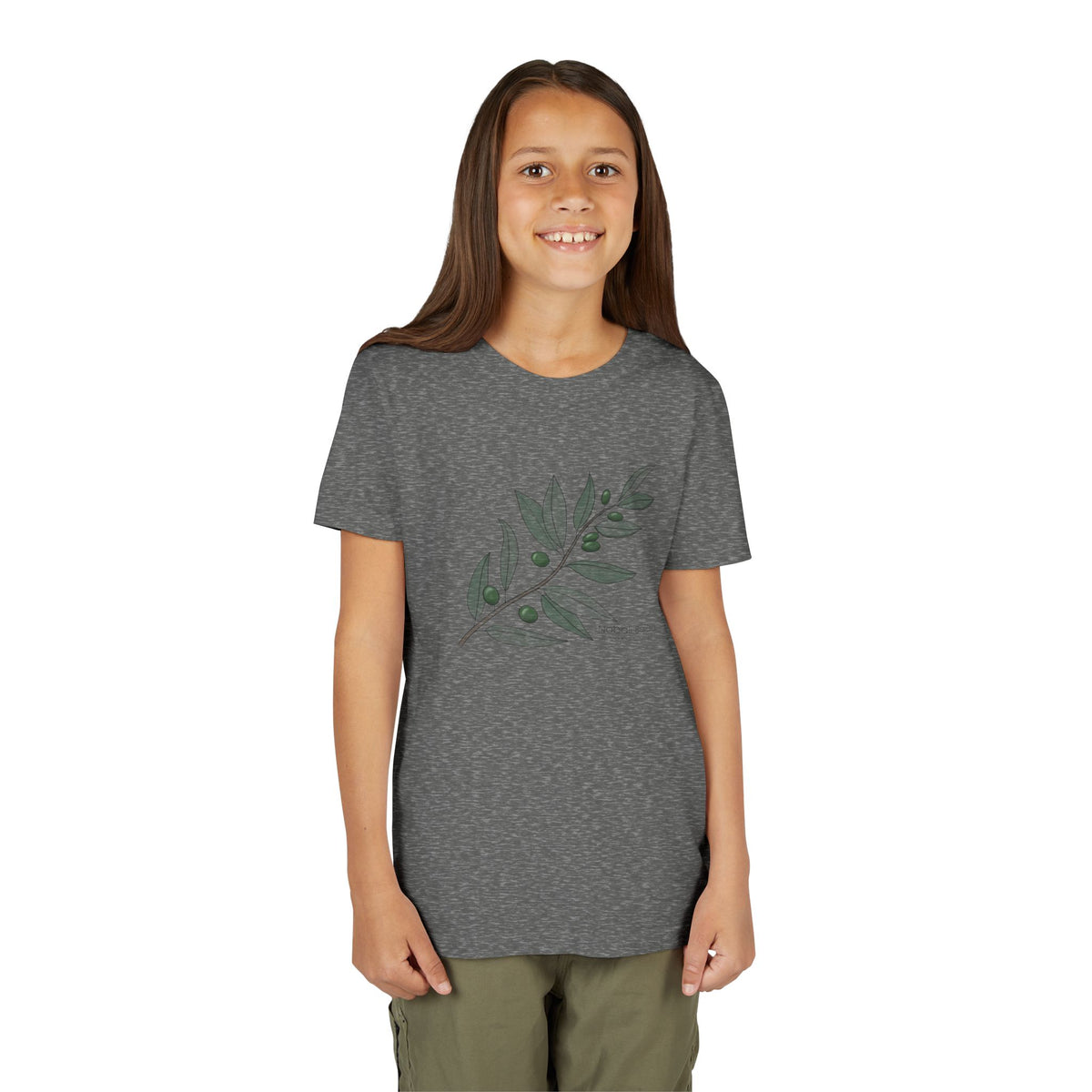 Youth Short Sleeve Tee with Olive Botanical Leaf Design