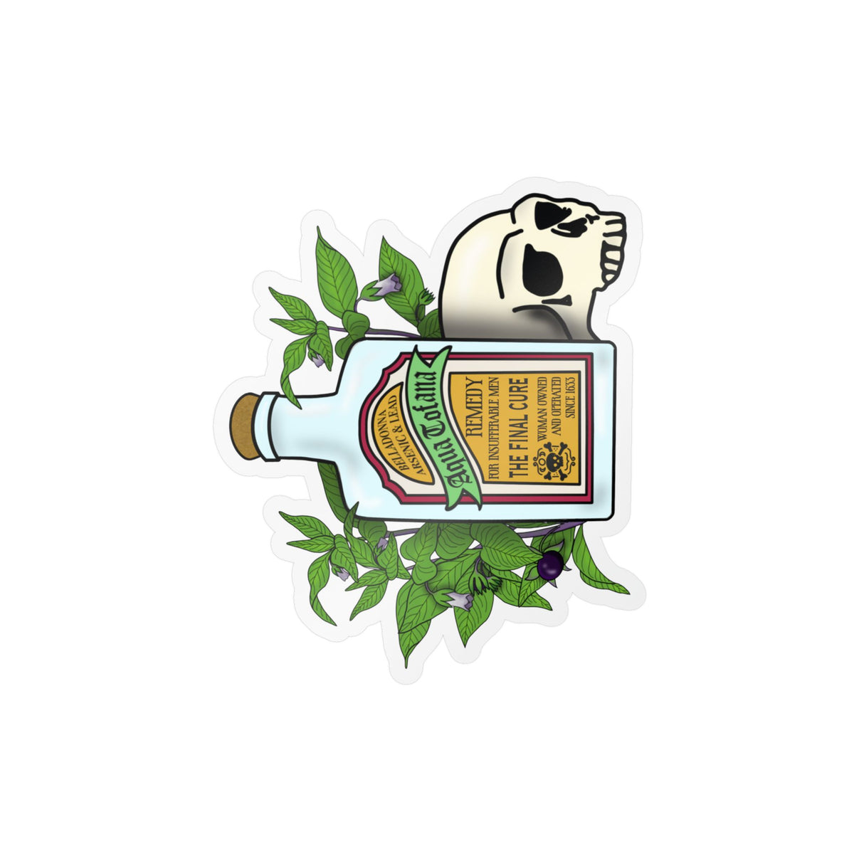 Herbal Aqua Tofana Tonic Bottle Sticker  Skull & Belladonna Kiss-Cut Vinyl Decal