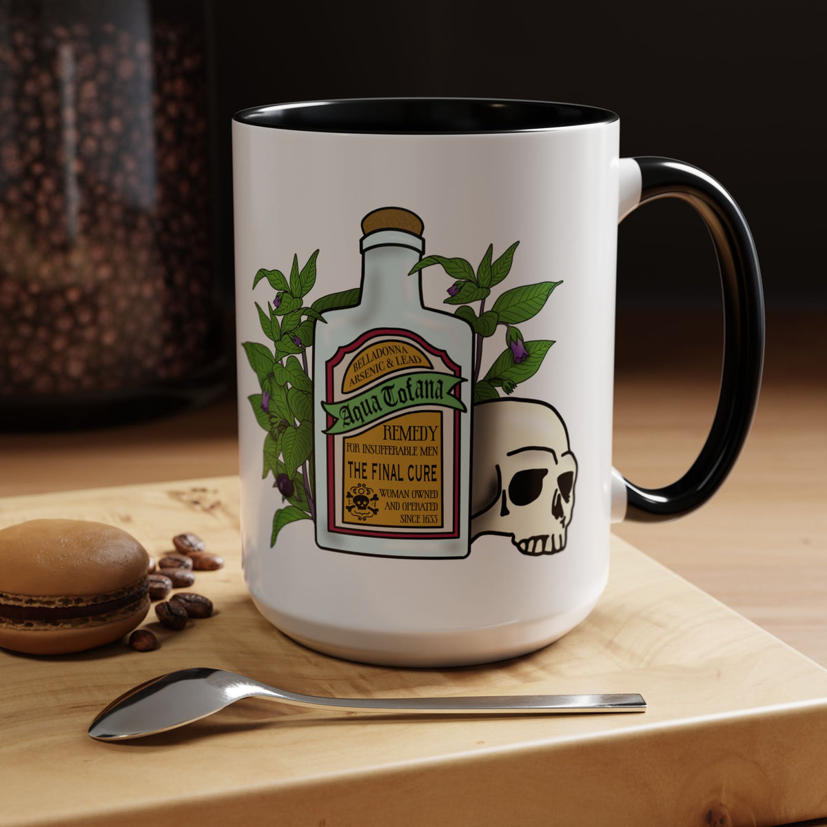 Herbal Remedy Coffee Mug Aqua Tofana Potion Bottle, Skull & Botanical Gothic Accent Mug