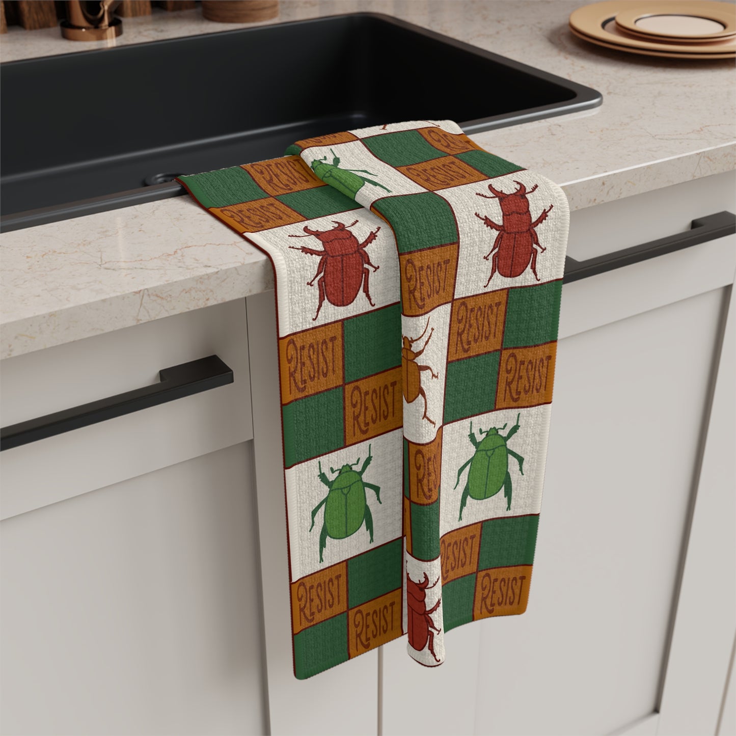 Resist Beetle Checker Microfiber Tea Towel — Retro Green & Rust Kitchen Decor