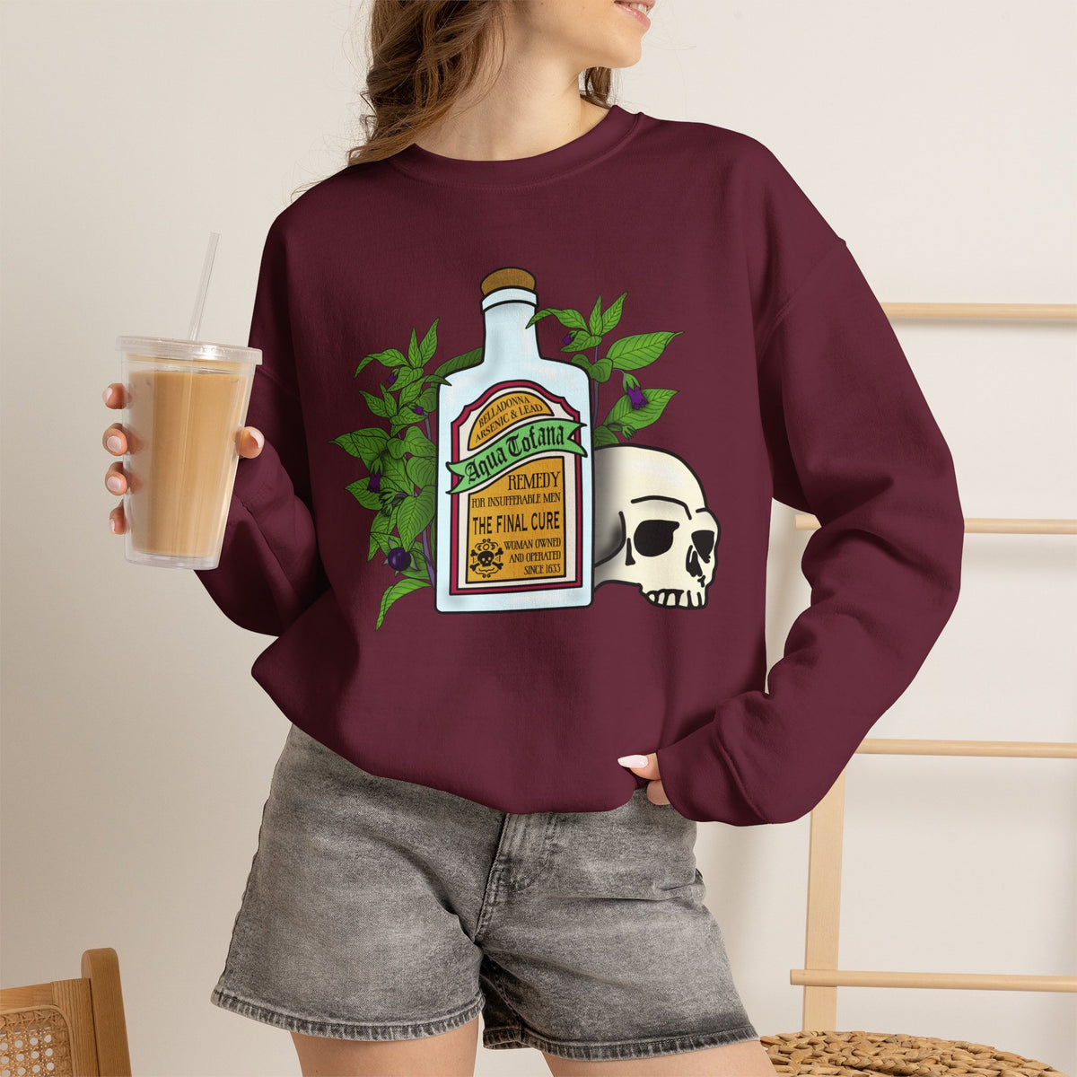 Crewneck Sweatshirt Aqua Tofana Apothecary Bottle & Skull Graphic