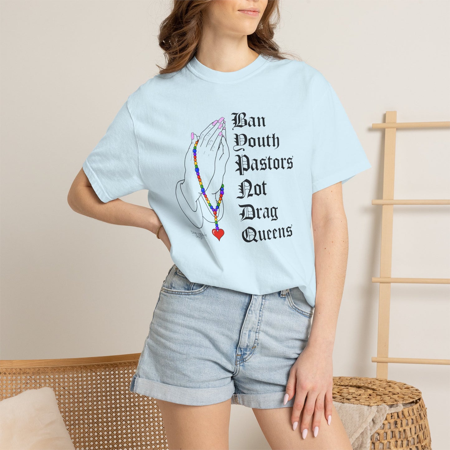 Ban South Pastors Not Drag Queens T-Shirt — Prayer Hands with Rainbow Rosary LGBTQ+ Ally Tee