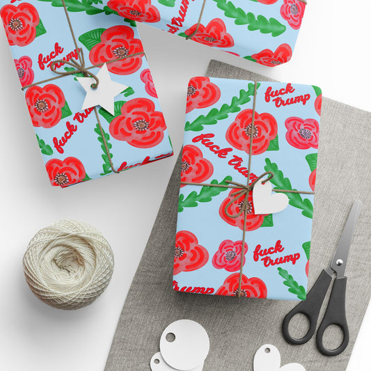 Slightly Subtle Red Poppies on Blue Gift Wrap, Funny Holiday Gift Wrap, Poppy Flower Wrapping, Political Wrapping Paper for Him