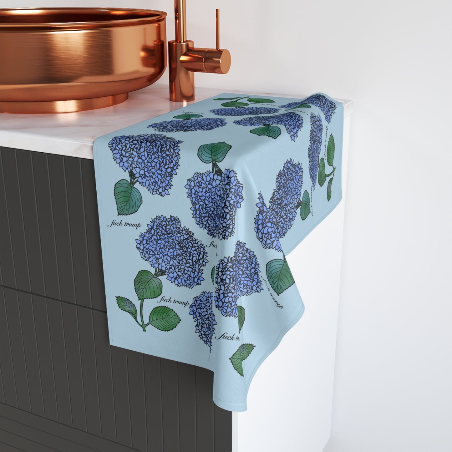Slightly Subtle Hydrangea Towel on Light Blue, Floral Kitchen Decor, Gift for Gardeners, Blue Flower Towel, Spring Home Decor, Political Gag Gift