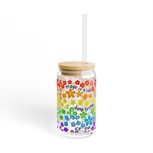 Slightly Subtle Rainbow Daisy Pattern Sipper Glass Can