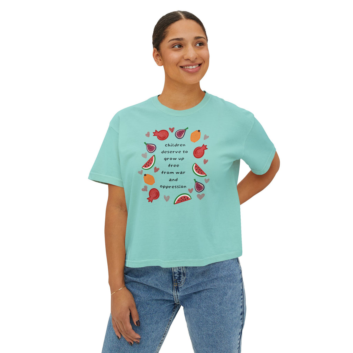 Women’s Boxy CROP Tee "Children Deserve to Grow Up Free From War and Oppression" Peaceful Fruit Graphic