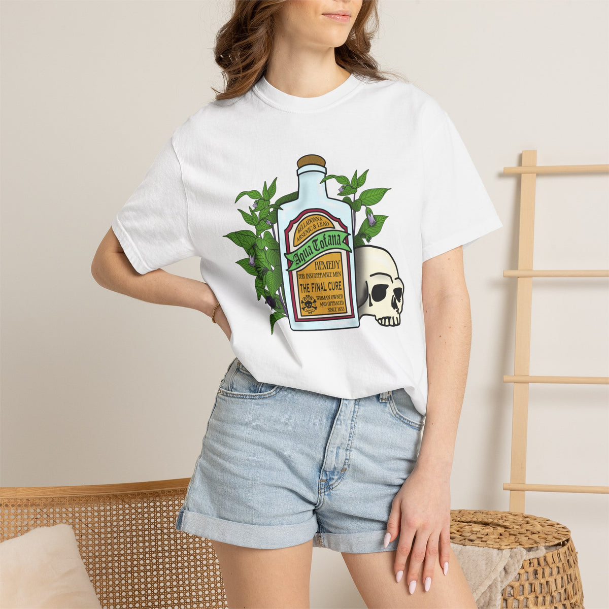 Skull & Remedy Bottle T-Shirt Aqua Tofana Vintage Apothecary Graphic Tee