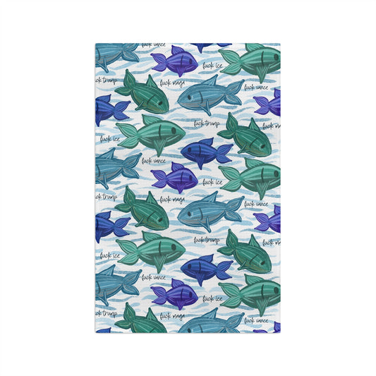 Painterly Fish Pattern Microfiber Tea Towel Blue & Green Coastal Kitchen Linen