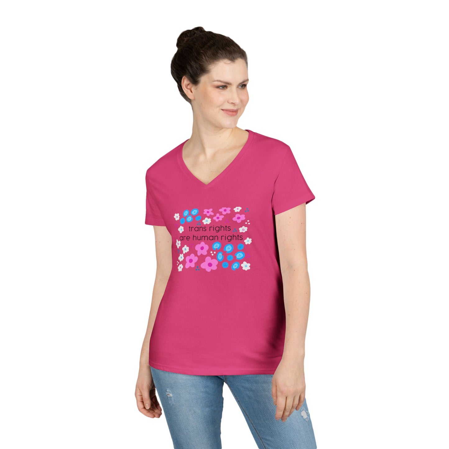 Trans Rights Are Human Rights T-Shirt | Floral Trans Pride Design v neck