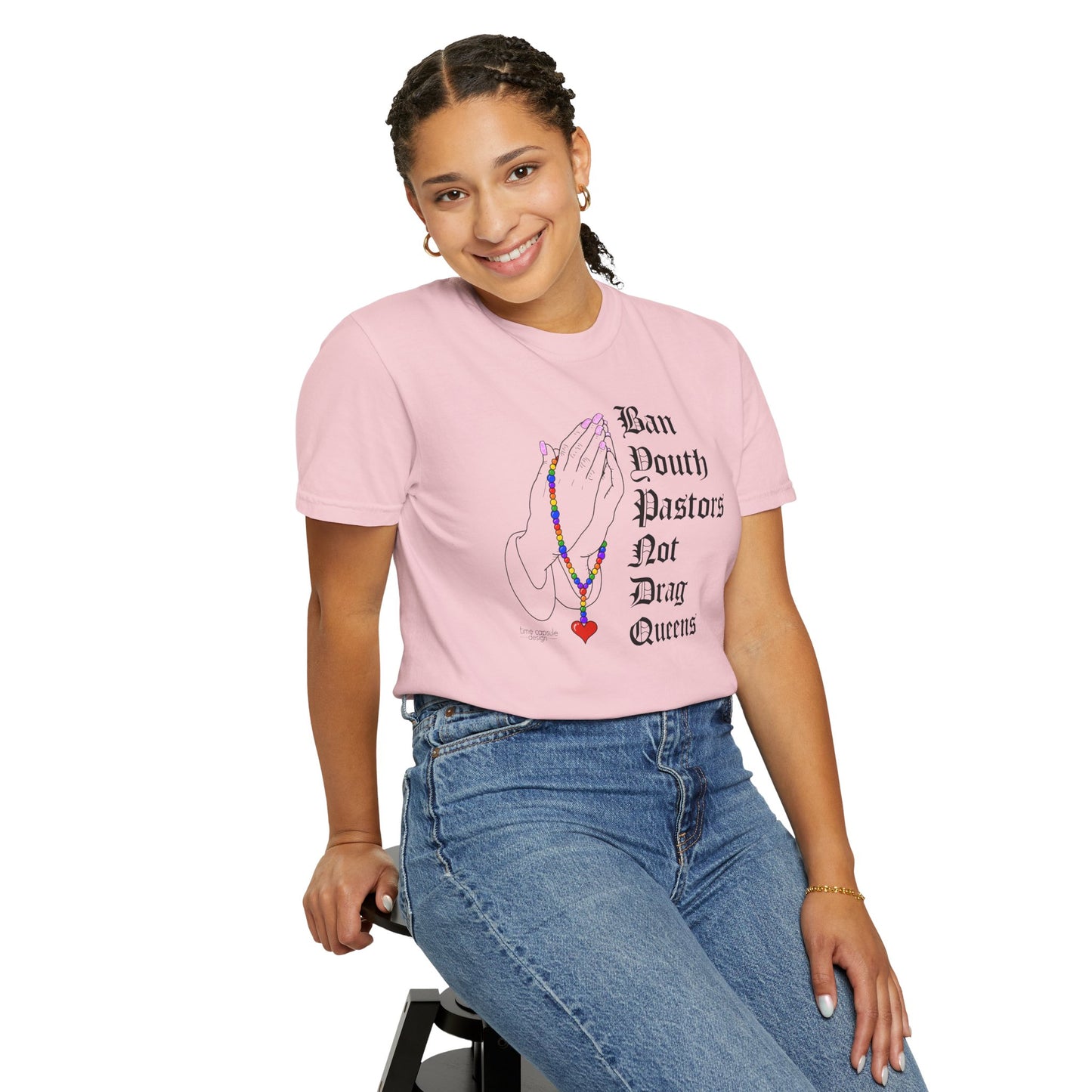 Ban South Pastors Not Drag Queens T-Shirt — Prayer Hands with Rainbow Rosary LGBTQ+ Ally Tee