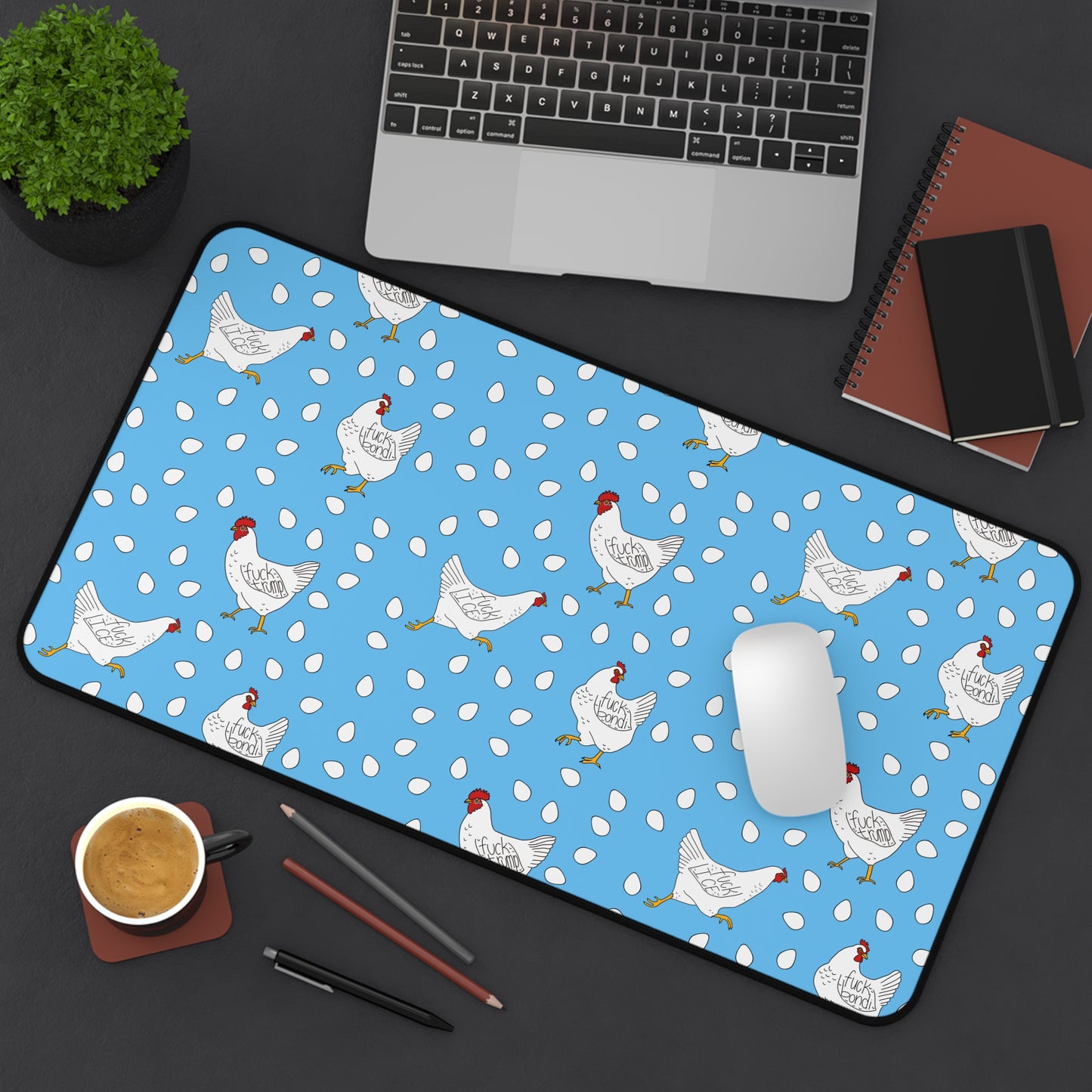 Slightly Subtle White Hen Pattern Desk Mat | Blue Chicken Eggs Pet Food Mat