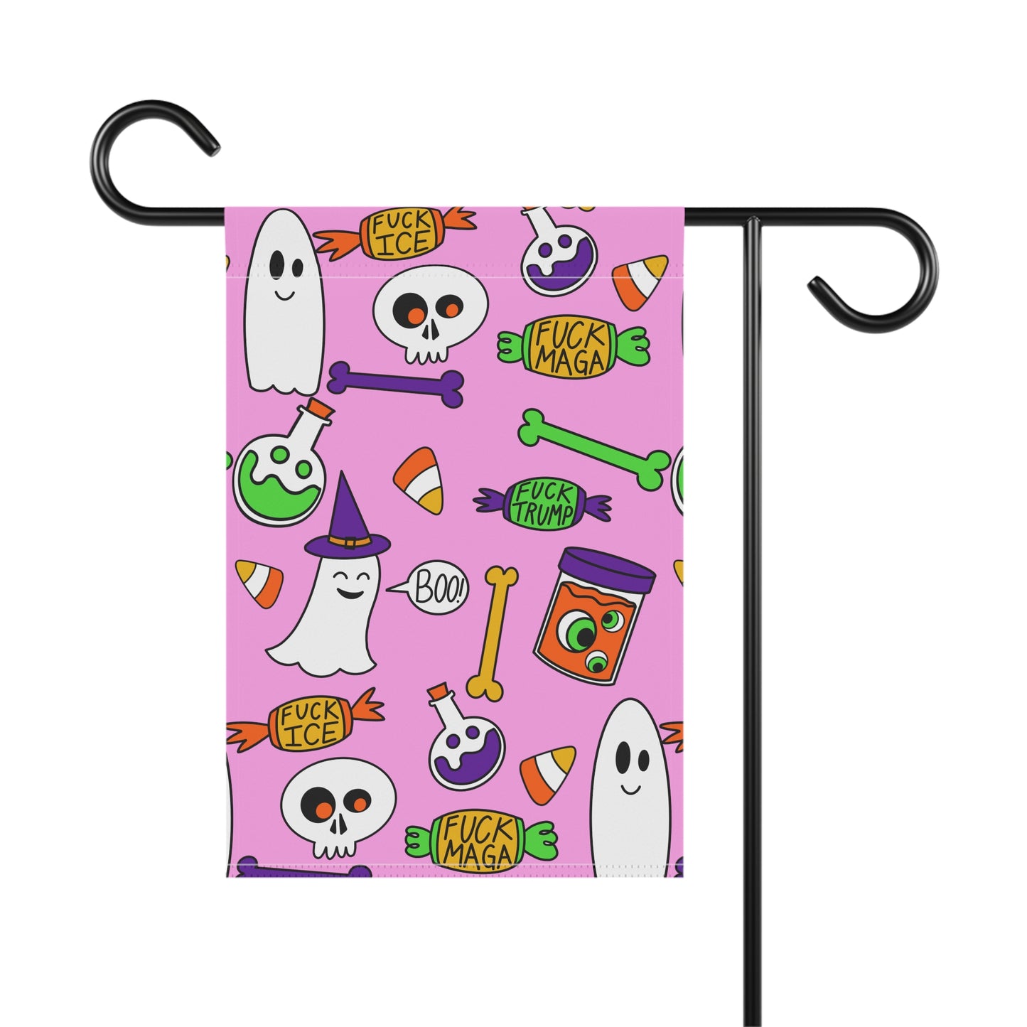 Halloween Political Garden Flag – Ghosts, Skulls & 'F**k Trump' Candy Pattern pink