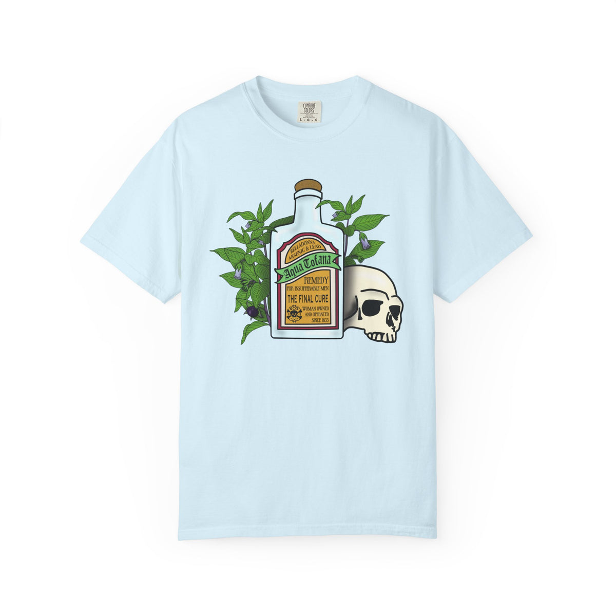 Skull & Remedy Bottle T-Shirt Aqua Tofana Vintage Apothecary Graphic Tee