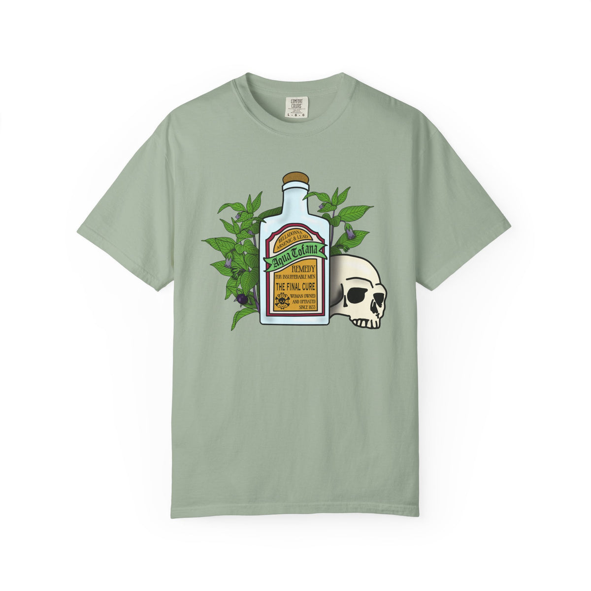 Skull & Remedy Bottle T-Shirt Aqua Tofana Vintage Apothecary Graphic Tee