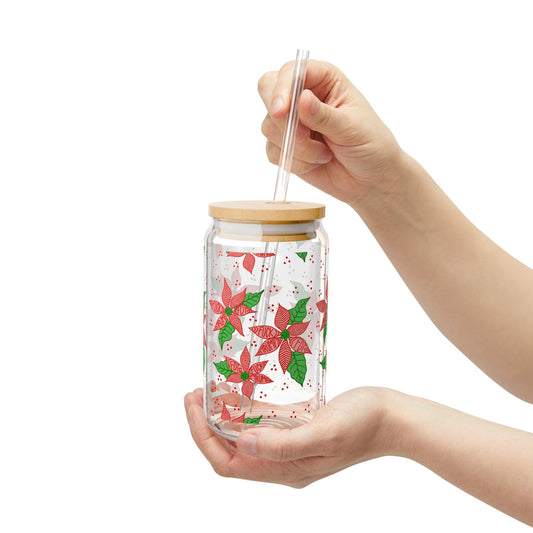 Slightly Subtle Poinsettia Pattern Sipper Glass | 16oz Holiday Floral Drinkware