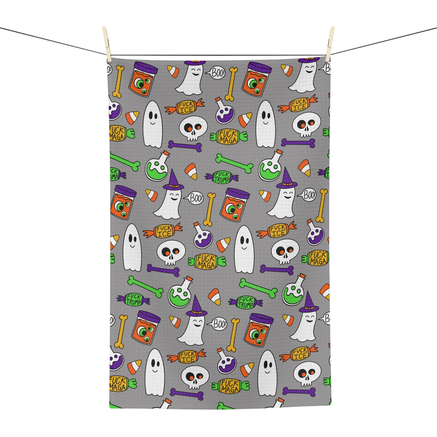 Halloween Ghosts & Candy Microfiber Tea Towel — Cute Spooky Kitchen Towel grey