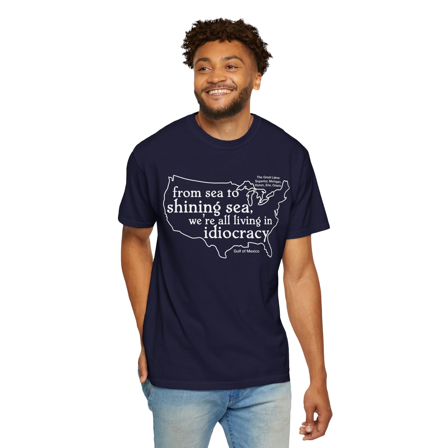 Idiocracy Map T-Shirt  'From sea to shining sea we are living in idiocracy' Minimal Political Tee Great Lakes Gulf of Mexico