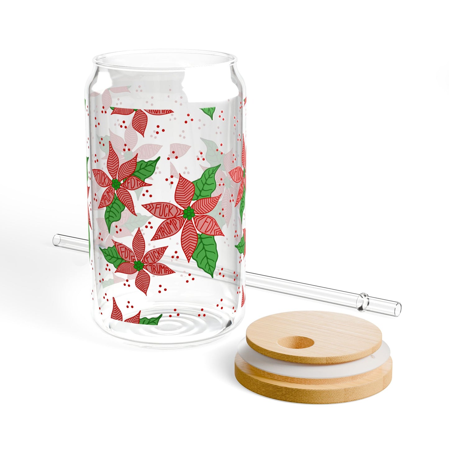 Slightly Subtle Poinsettia Pattern Sipper Glass | 16oz Holiday Floral Drinkware