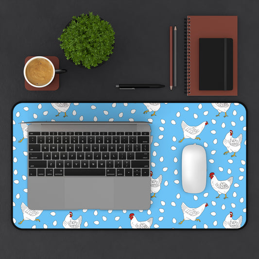 Slightly Subtle White Hen Pattern Desk Mat | Blue Chicken Eggs Pet Food Mat