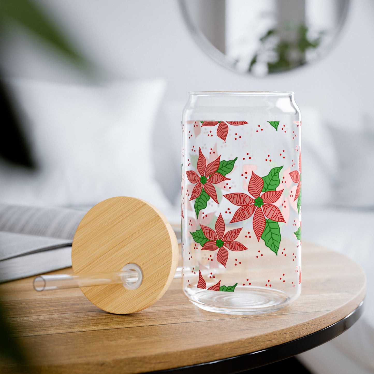 Slightly Subtle Poinsettia Pattern Sipper Glass | 16oz Holiday Floral Drinkware
