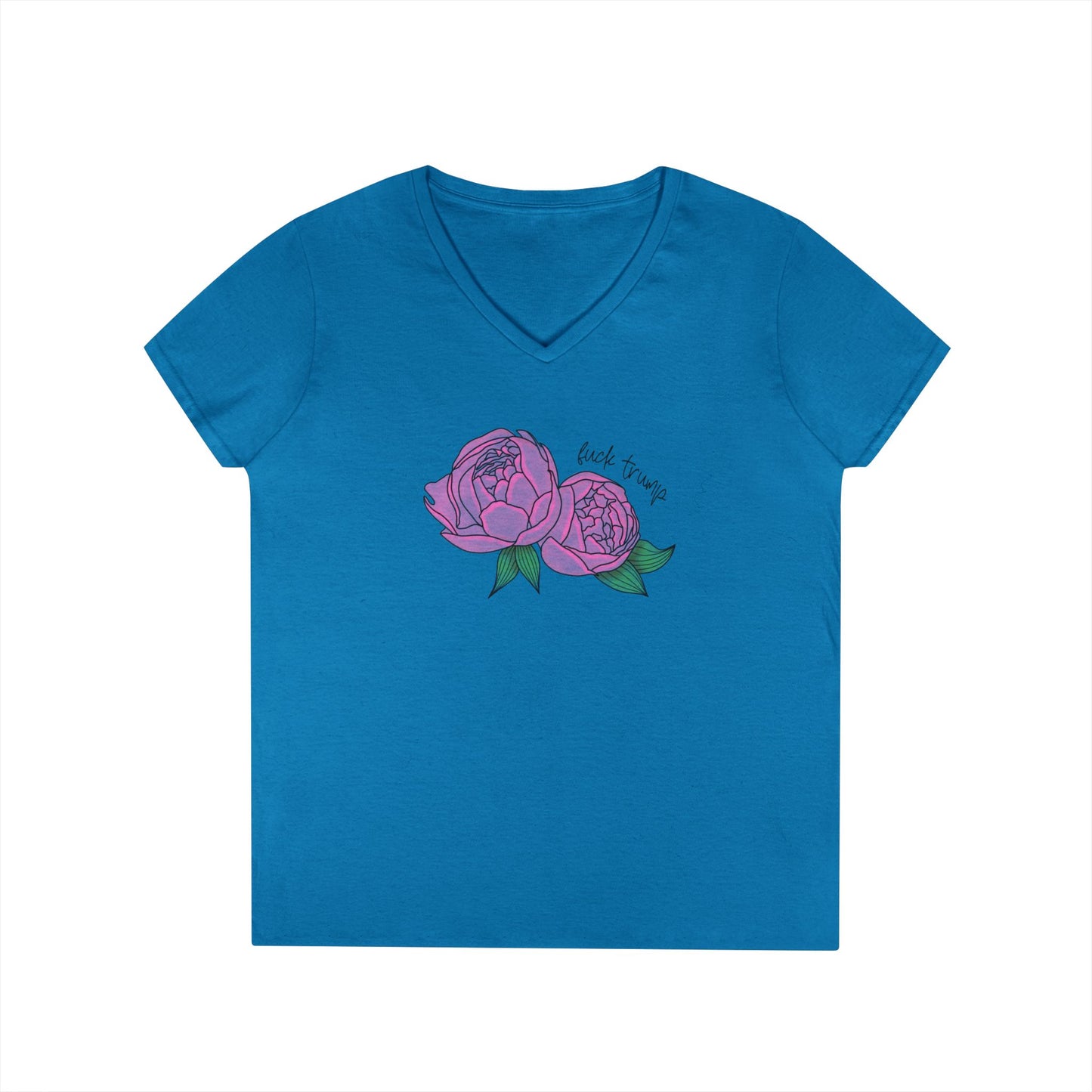 Pink Peony Illustration Ladies V-Neck Tee | Hand-Drawn Floral FDT