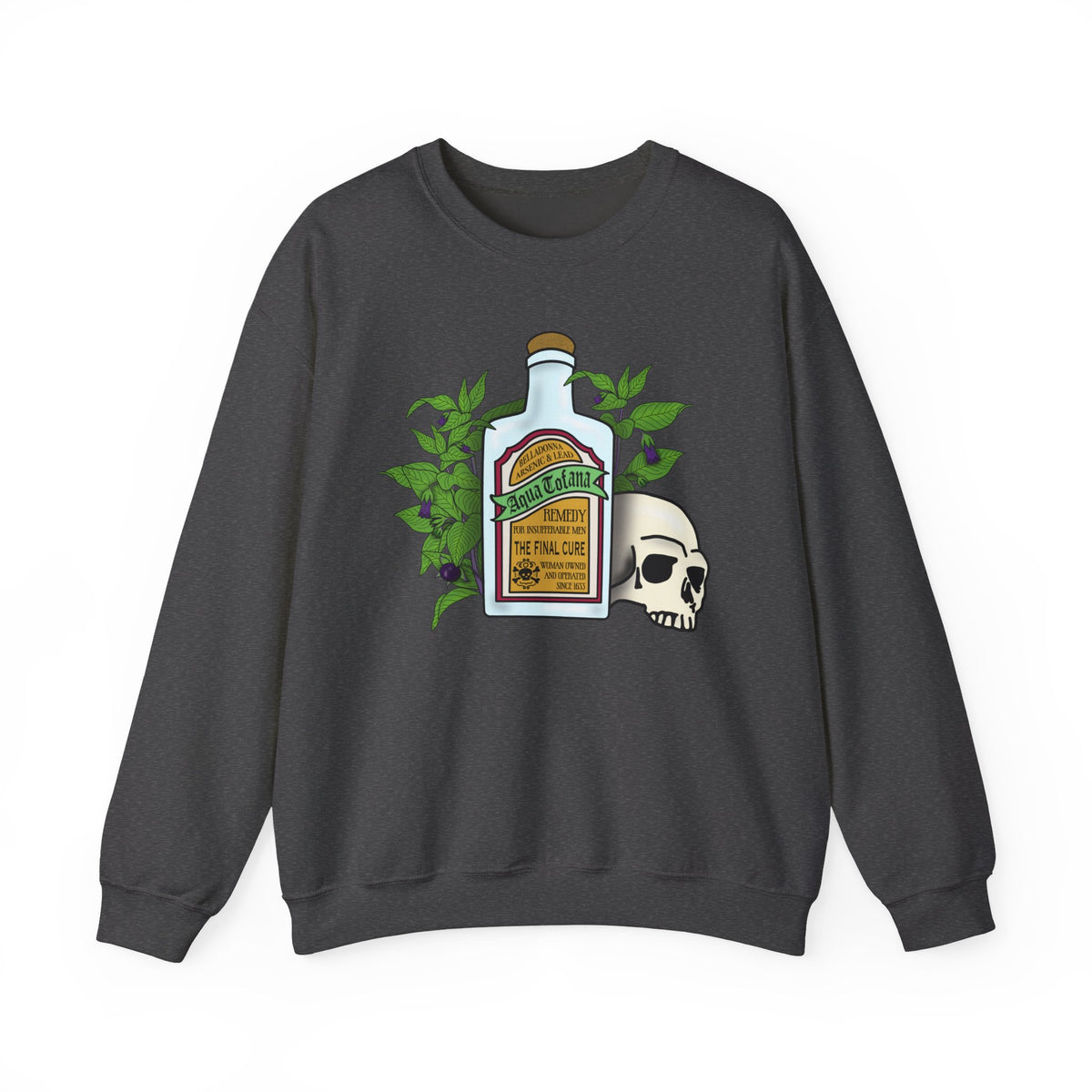 Crewneck Sweatshirt Aqua Tofana Apothecary Bottle & Skull Graphic