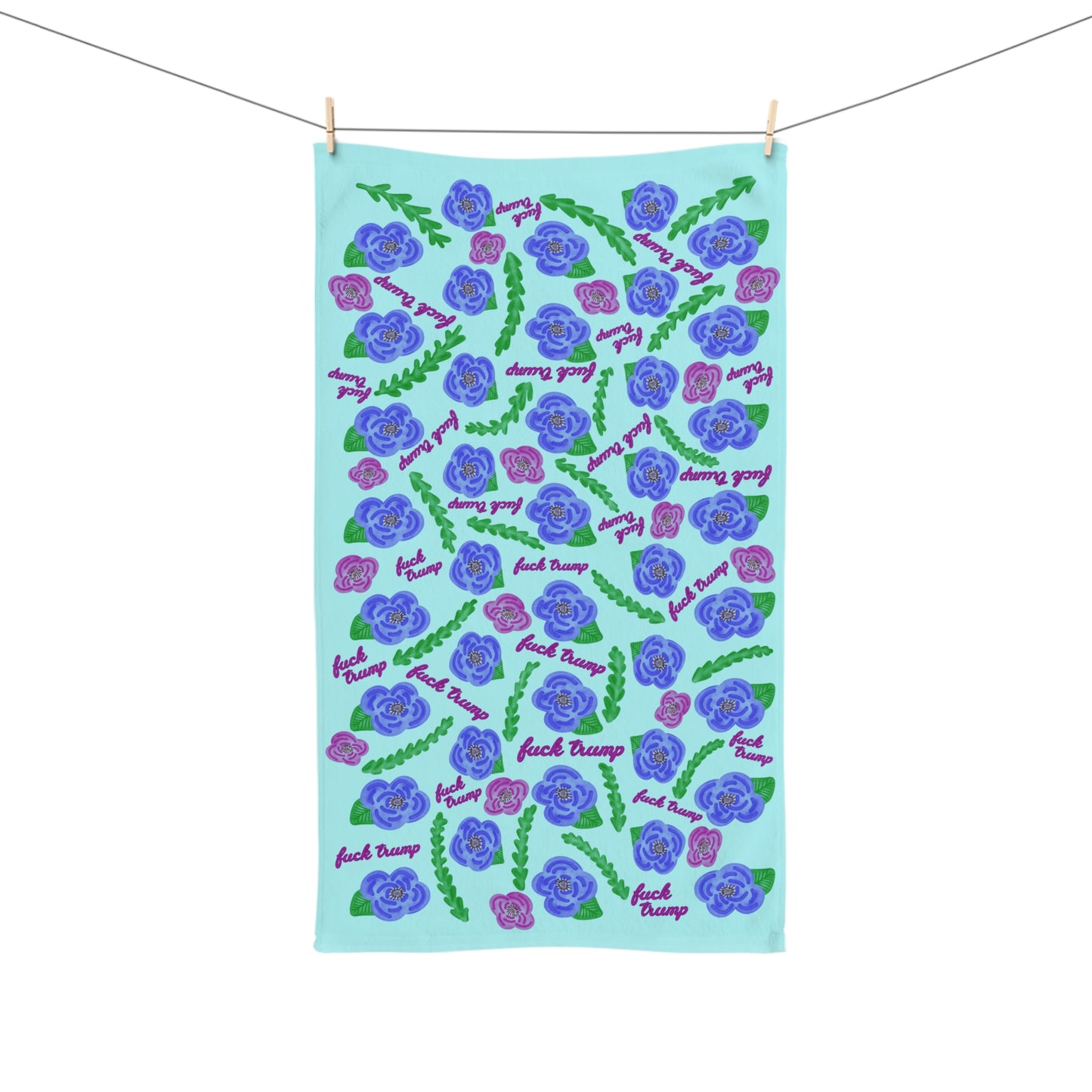 Slightly Subtle Purple Poppies on Aqua Hand Towel