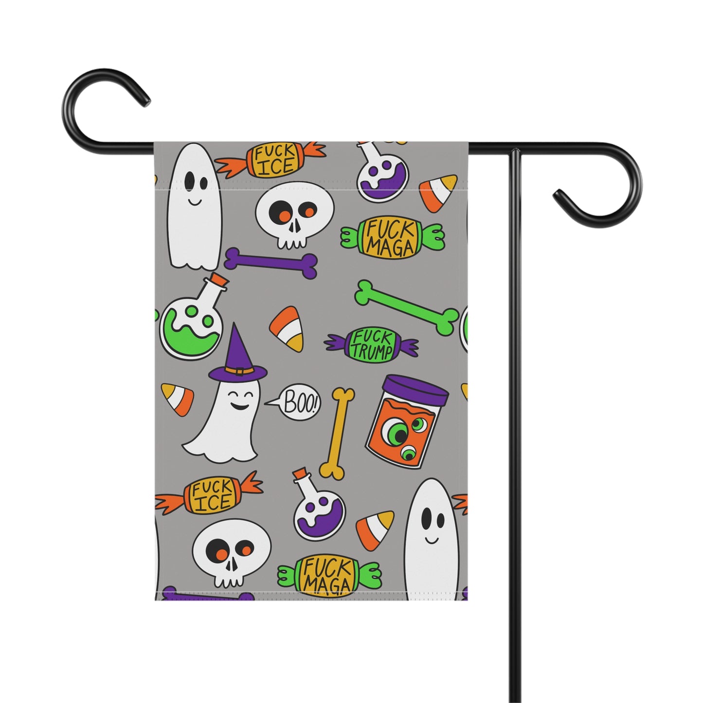 Halloween Political Garden Flag – Ghosts, Skulls & 'F**k Trump' Candy Pattern