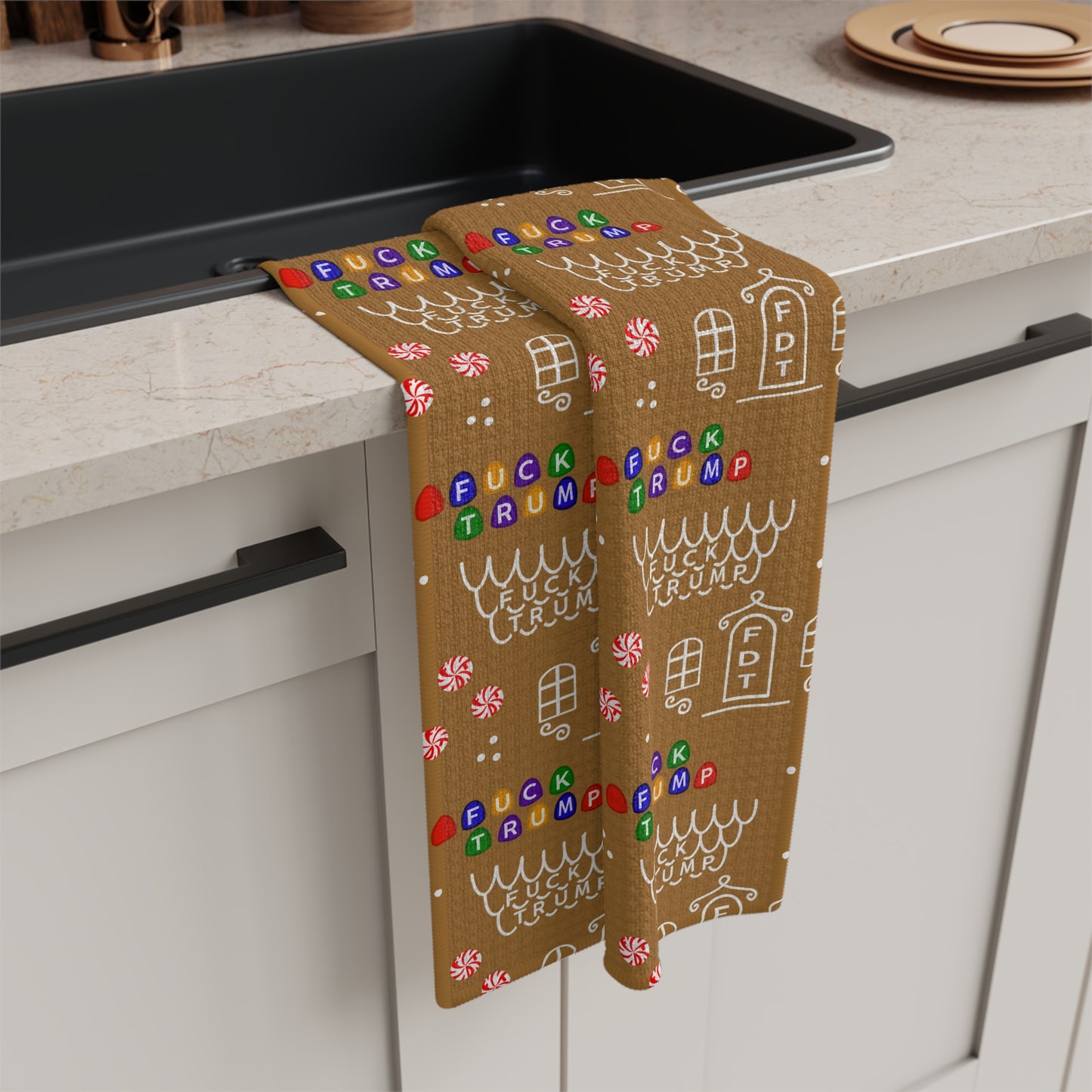 Gingerbread House Microfiber Tea Towel — Holiday Cookie Pattern