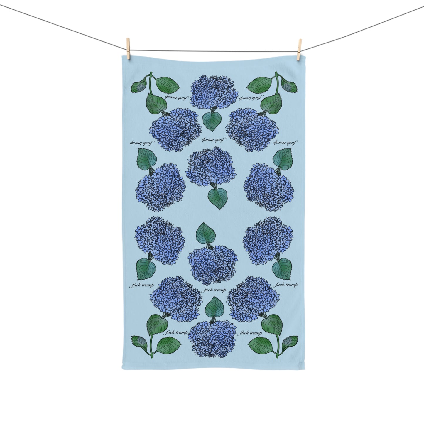 Slightly Subtle Hydrangea Towel on Light Blue, Floral Kitchen Decor, Gift for Gardeners, Blue Flower Towel, Spring Home Decor, Political Gag Gift