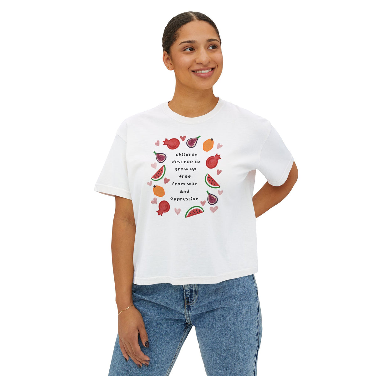 Women’s Boxy CROP Tee "Children Deserve to Grow Up Free From War and Oppression" Peaceful Fruit Graphic