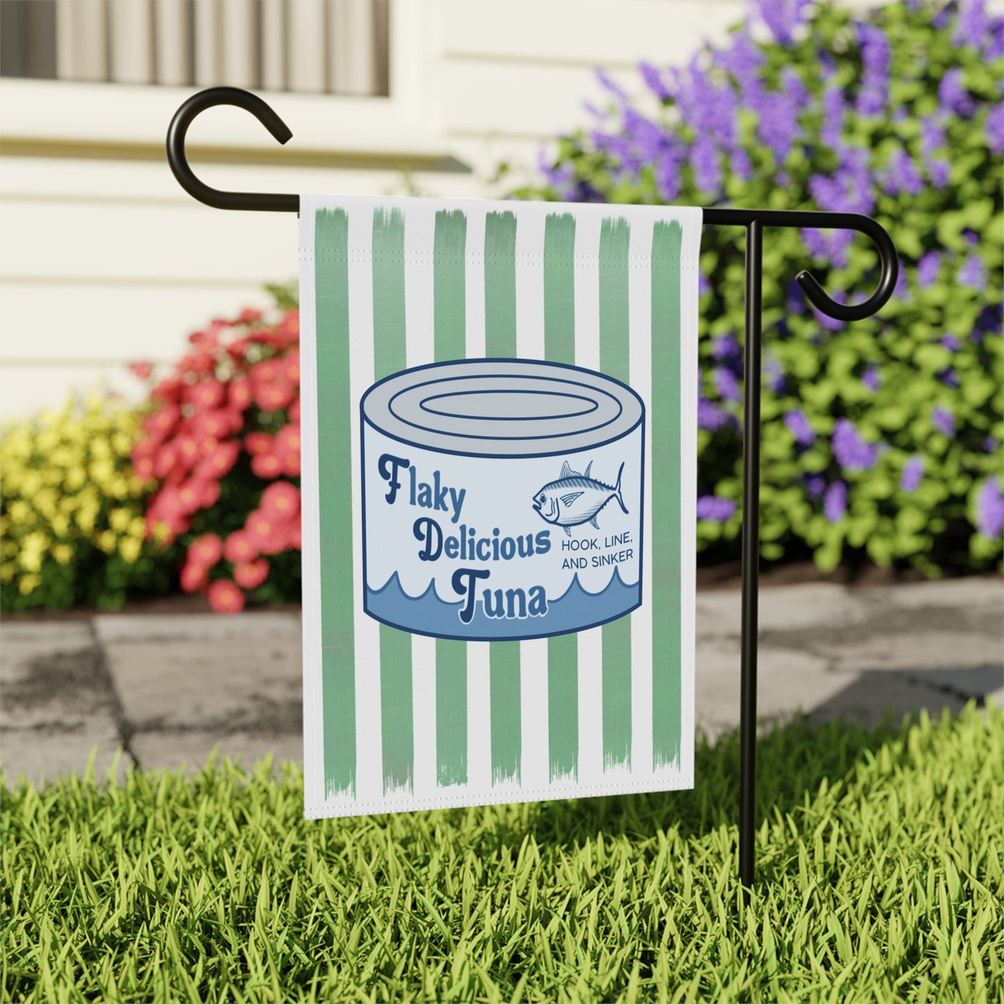 Tuna Can Garden Flag — Vintage 'Flaky Delicious Tuna' Striped House Banner FDT