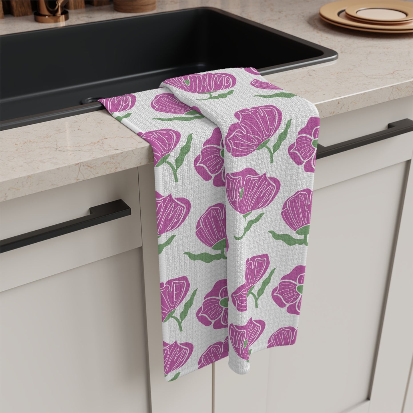 Slightly Subtle Pink Poppy Pattern Microfiber Tea Towel | Floral Kitchen Linen