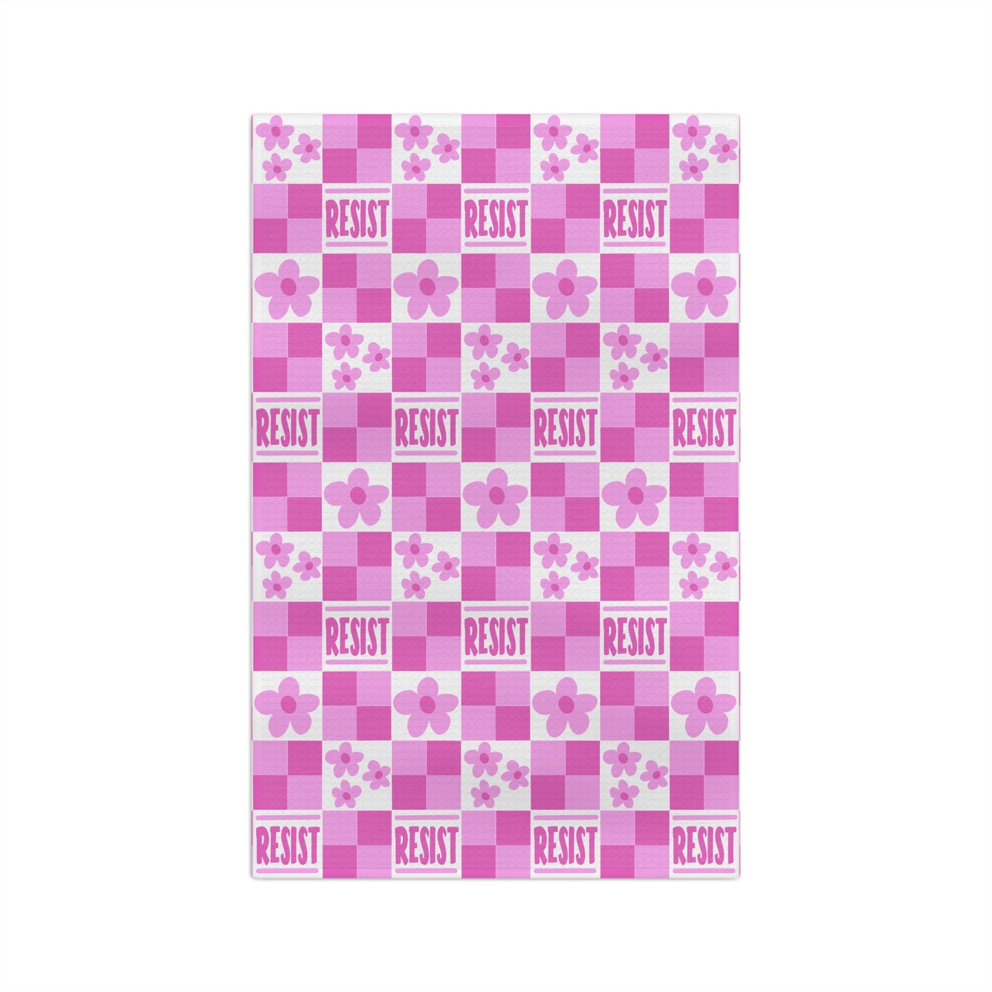 Resist Pink Checkerboard Tea Towel — Floral Microfiber Kitchen Towel
