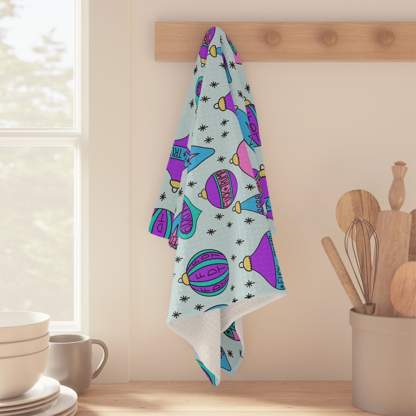 Retro Holiday Ornament Microfiber Tea Towel FDT Mid-Century Modern Christmas Kitchen Decor