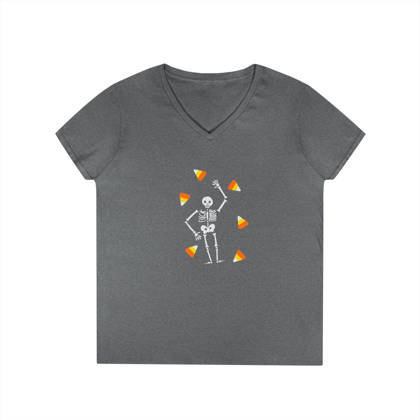 Skeleton & Candy Corn V-Neck Tee Cute Halloween T-Shirt