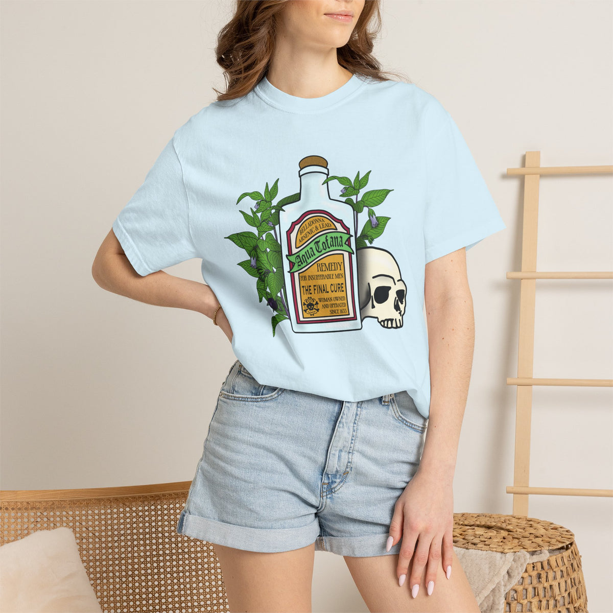 Skull & Remedy Bottle T-Shirt Aqua Tofana Vintage Apothecary Graphic Tee