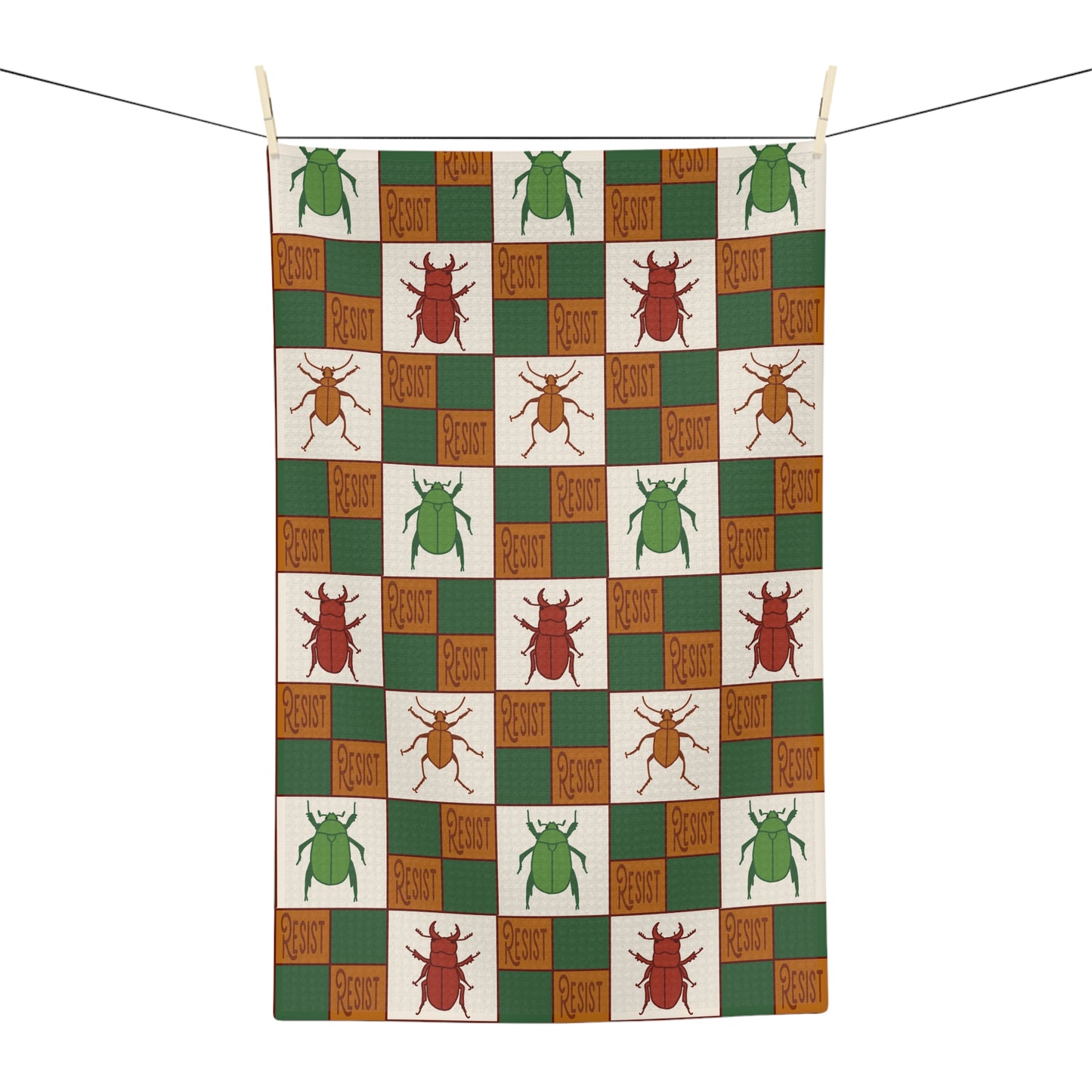 Resist Beetle Checker Microfiber Tea Towel — Retro Green & Rust Kitchen Decor