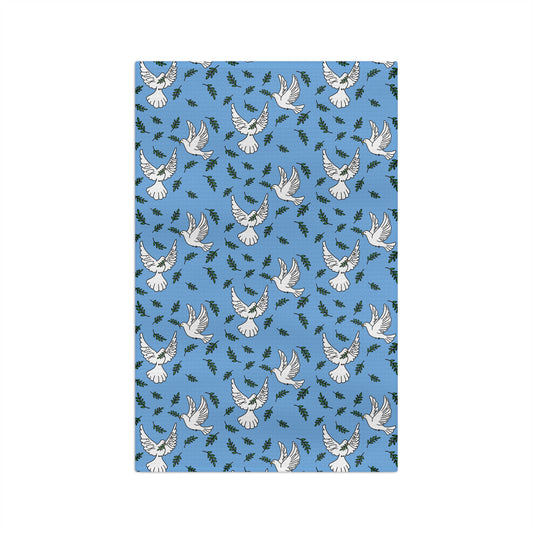 Slightly Subtle White Dove Pattern Microfiber Tea Towel | Blue Olive Branch Sprigs